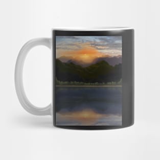 Radiant Mountain sunset by a lake with reflections Mug